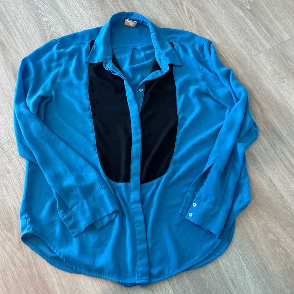 H&M Tuxedo shirt Blue & Black Button-up Blouse Women’s 12 boyfriend shirt Chic